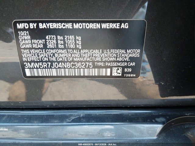 Aukcja sprzedaży 2022 Bmw 330i Xdrive, vin: 3MW5R7J04N8C36275, numer aukcji: 45852570