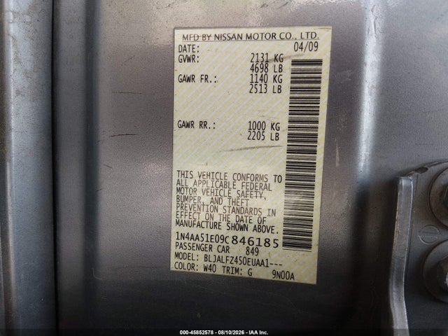 Aukcja sprzedaży 2009 Nissan Maxima 3.5 Sv, vin: 1N4AA51E09C846185, numer aukcji: 45852578