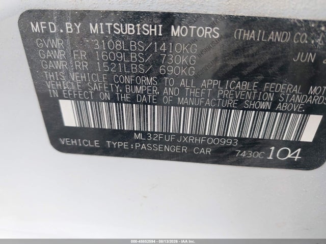 Aukcja sprzedaży 2024 Mitsubishi Mirage G4 Le, vin: ML32FUFJXRHF00993, numer aukcji: 45852594