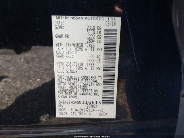 Aukcja sprzedaży 2016 Nissan Murano Platinum/s/sl/sv, vin: 5N1AZ2MG4GN116615, numer aukcji: 45852595