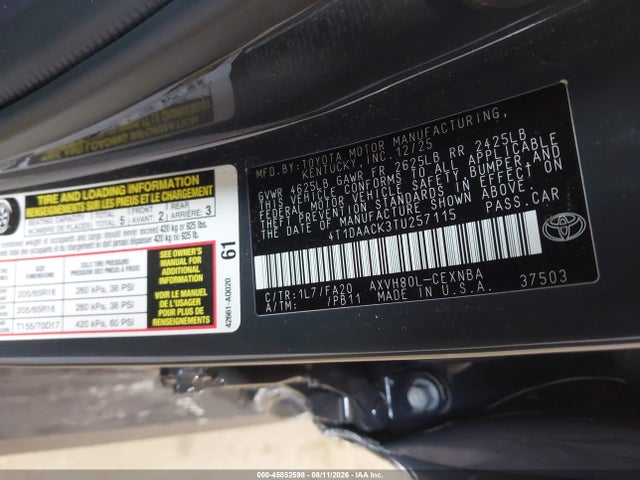 Aukcja sprzedaży 2026 Toyota Camry Le, vin: 4T1DAACK3TU257115, numer aukcji: 45852598