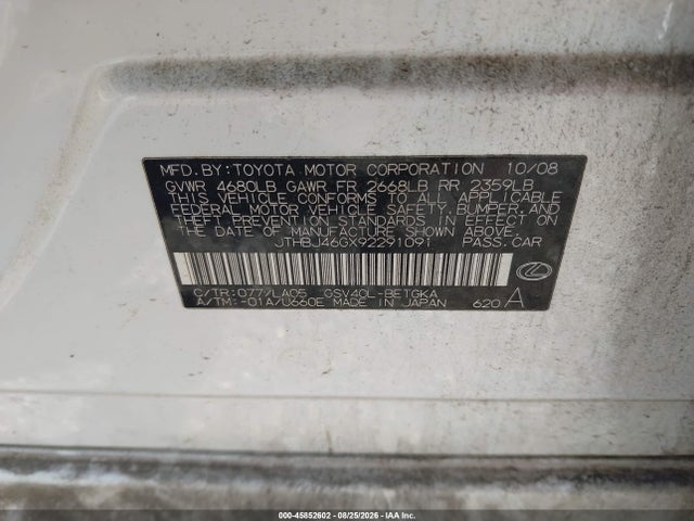 2009 Lexus Es 350 მანქანა იყიდება აუქციონზე, vin: JTHBJ46GX92291091, აუქციონის ნომერი: 45852602