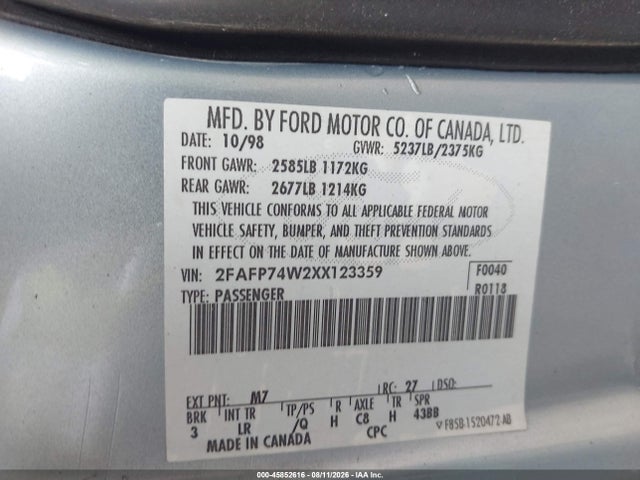 Продаж на аукціоні авто 1999 Ford Crown Victoria Lx, vin: 2FAFP74W2XX123359, номер лоту: 45852616