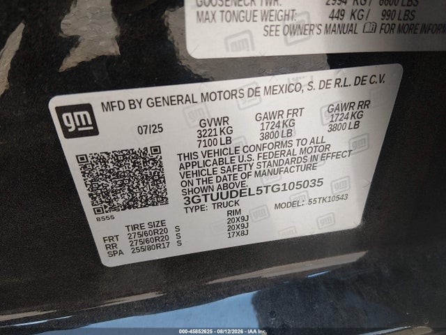 Aukcja sprzedaży 2026 Gmc Sierra 1500 , Short Bed, Slt, 4wd, vin: 3GTUUDEL5TG105035, numer aukcji: 45852625