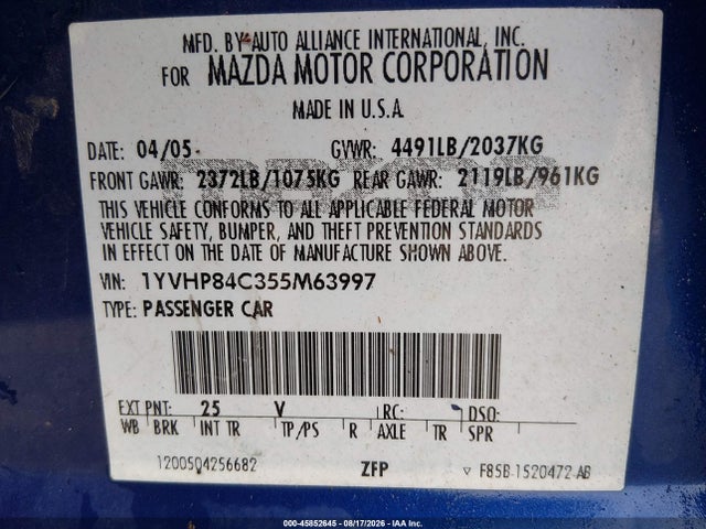 2005 Mazda Mazda6 I Sport მანქანა იყიდება აუქციონზე, vin: 1YVHP84C355M63997, აუქციონის ნომერი: 45852645