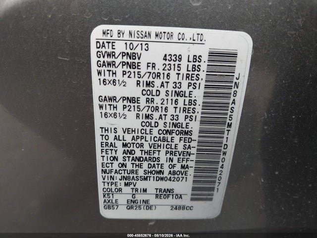 45852676 :رقم المزاد ، JN8AS5MT1DW042071 vin ، 2013 Nissan Rogue S مزاد بيع