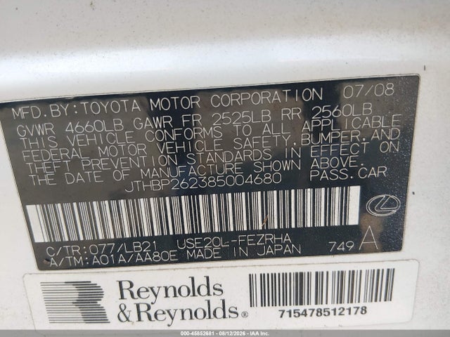 45852681 :رقم المزاد ، JTHBP262385004680 vin ، 2008 Lexus Is F مزاد بيع