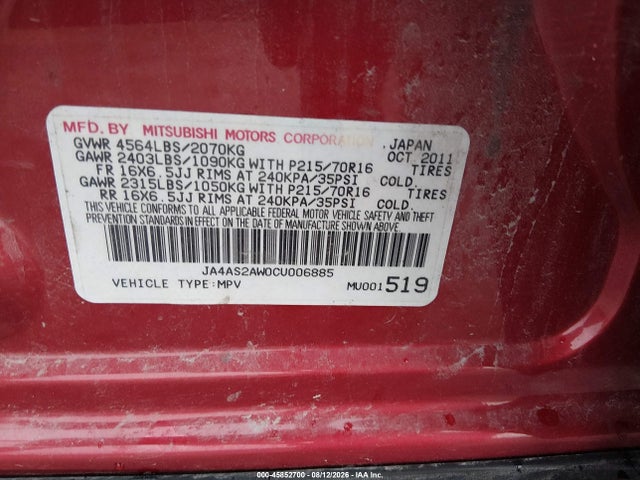 45852700 :رقم المزاد ، JA4AS2AW0CU006885 vin ، 2012 Mitsubishi Outlander Es مزاد بيع