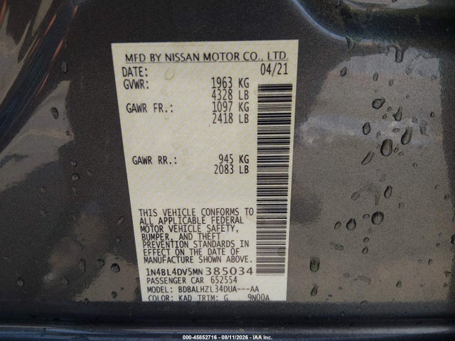Продажа на аукционе авто 2021 Nissan Altima Sv Fwd, vin: 1N4BL4DV5MN385034, номер лота: 45852716