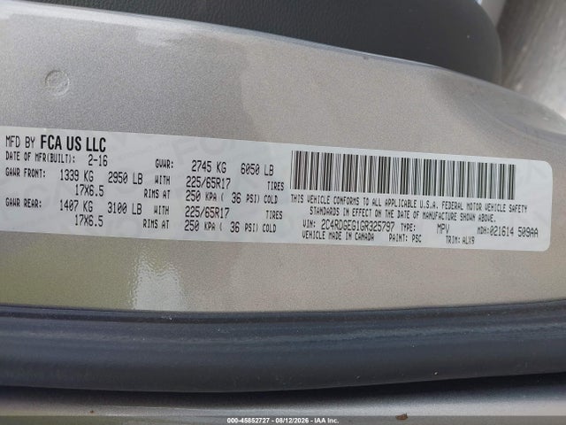 Продажа на аукционе авто 2016 Dodge Grand Caravan R/t, vin: 2C4RDGEG1GR325797, номер лота: 45852727