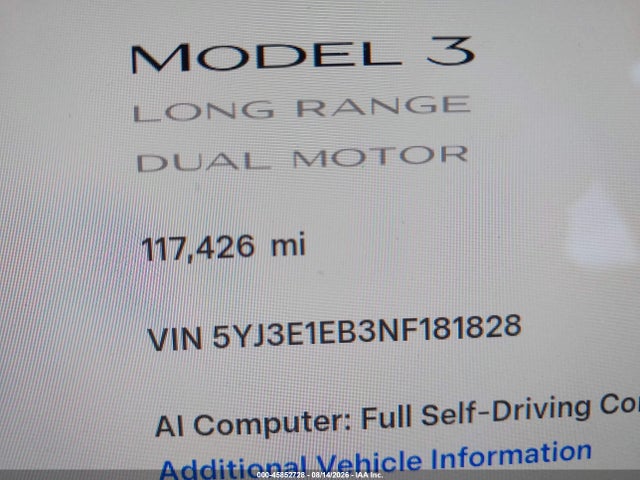 Aukcja sprzedaży 2022 Tesla Model 3 Long Range Dual Motor All-wheel Drive, vin: 5YJ3E1EB3NF181828, numer aukcji: 45852728