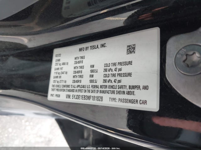 Aukcja sprzedaży 2022 Tesla Model 3 Long Range Dual Motor All-wheel Drive, vin: 5YJ3E1EB3NF181828, numer aukcji: 45852728
