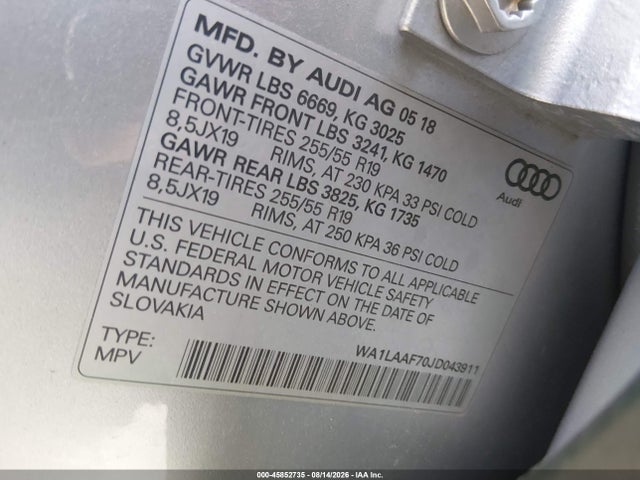 Aukcja sprzedaży 2018 Audi Q7 3.0t Premium, vin: WA1LAAF70JD043911, numer aukcji: 45852735