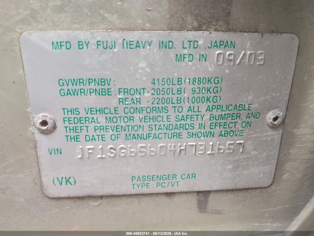 45852741 :رقم المزاد ، JF1SG65604H731657 vin ، 2004 Subaru Forester 2.5xs مزاد بيع