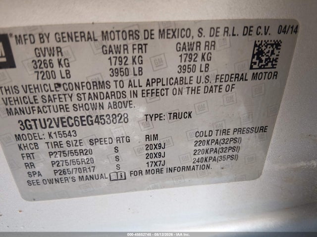 Продаж на аукціоні авто 2014 Gmc Sierra 1500 Slt, vin: 3GTU2VEC6EG453828, номер лоту: 45852745