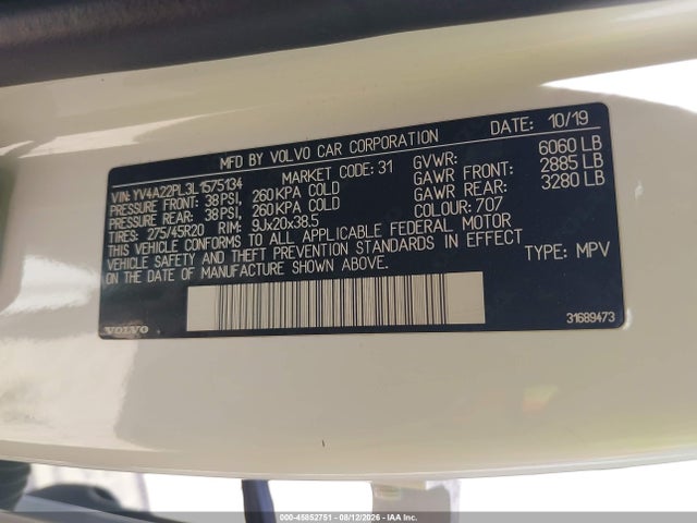 Auction sale of the 2020 Volvo Xc90 T6 Inscription 7 Passenger, vin: YV4A22PL3L1575134, lot number: 45852751