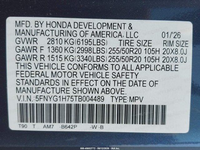Aukcja sprzedaży 2026 Honda Pilot Touring/touring Blackout, vin: 5FNYG1H75TB004489, numer aukcji: 45852772