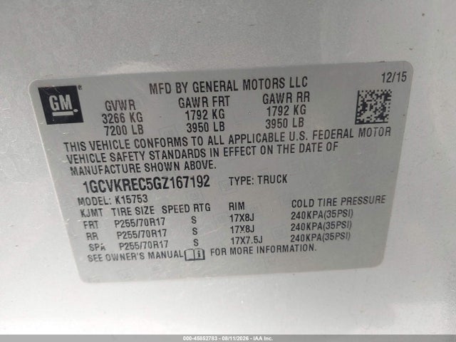 Aukcja sprzedaży 2016 Chevrolet Silverado 1500 Lt, vin: 1GCVKREC5GZ167192, numer aukcji: 45852783