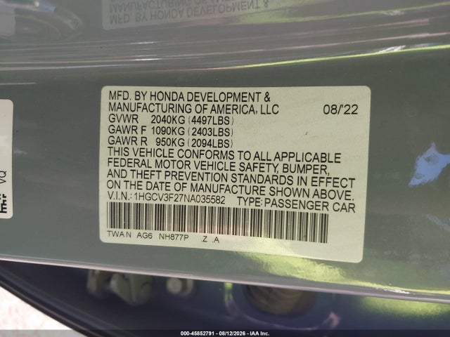 2022 Honda Accord Hybrid Sport მანქანა იყიდება აუქციონზე, vin: 1HGCV3F27NA035582, აუქციონის ნომერი: 45852791