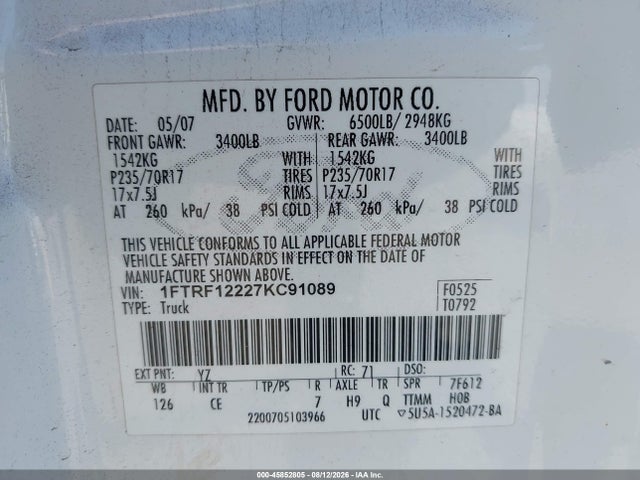 Продажа на аукционе авто 2007 Ford F-150 Stx/xl/xlt, vin: 1FTRF12227KC91089, номер лота: 45852805
