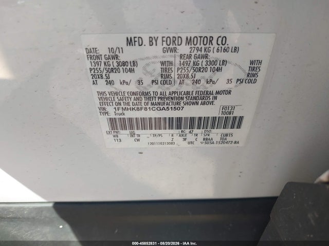 Aukcja sprzedaży 2012 Ford Explorer Limited, vin: 1FMHK8F81CGA51507, numer aukcji: 45852831
