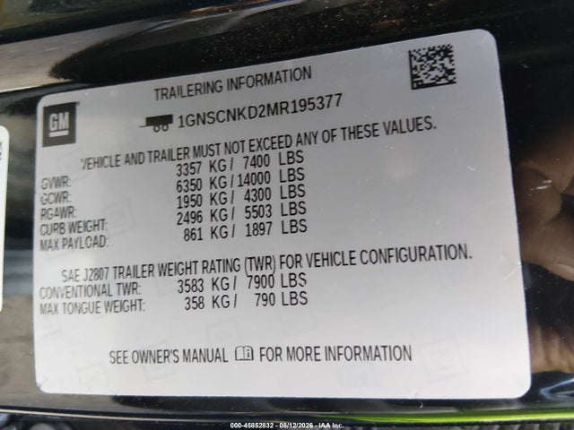 Продажа на аукционе авто 2021 Chevrolet Tahoe 2wd Lt, vin: 1GNSCNKD2MR195377, номер лота: 45852832