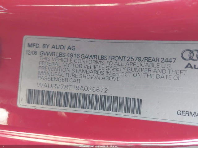 45852842 :رقم المزاد ، WAURV78T19A036672 vin ، 2009 Audi S5 4.2l مزاد بيع