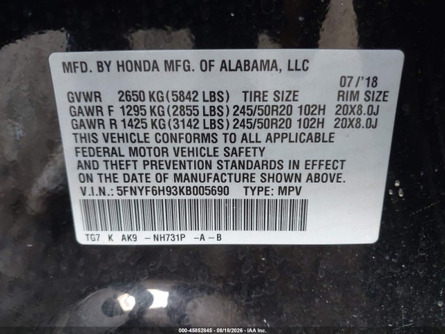 Auction sale of the 2019 Honda Pilot Touring, vin: 5FNYF6H93KB005690, lot number: 45852845