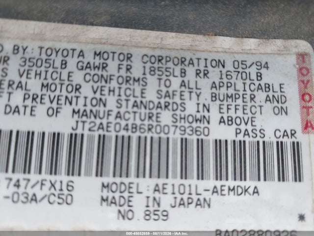 Aukcja sprzedaży 1994 Toyota Corolla, vin: JT2AE04B6R0079360, numer aukcji: 45852859