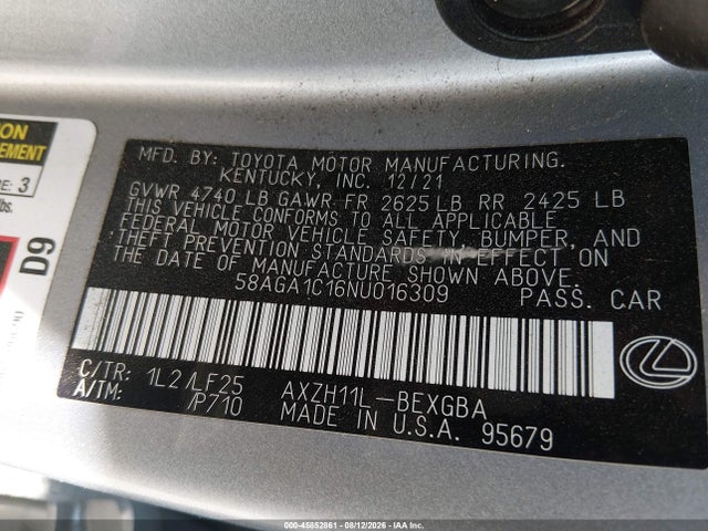 2022 Lexus Es 300h F Sport მანქანა იყიდება აუქციონზე, vin: 58AGA1C16NU016309, აუქციონის ნომერი: 45852861