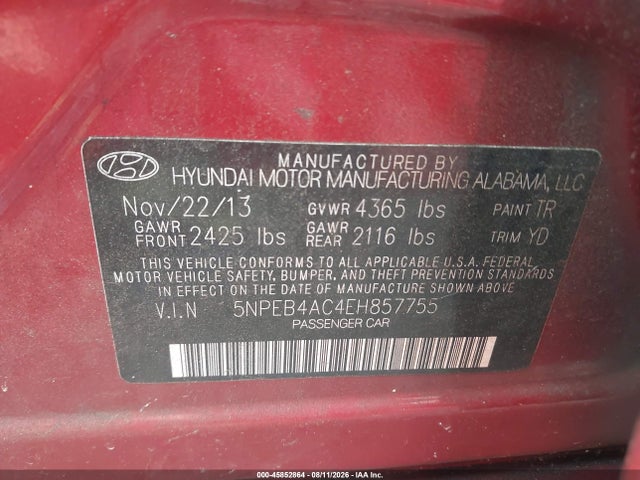 Aukcja sprzedaży 2014 Hyundai Sonata Gls, vin: 5NPEB4AC4EH857755, numer aukcji: 45852864