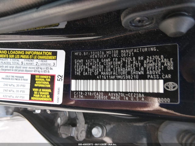 Aukcja sprzedaży 2021 Toyota Camry Se, vin: 4T1G11AK1MU598210, numer aukcji: 45852872