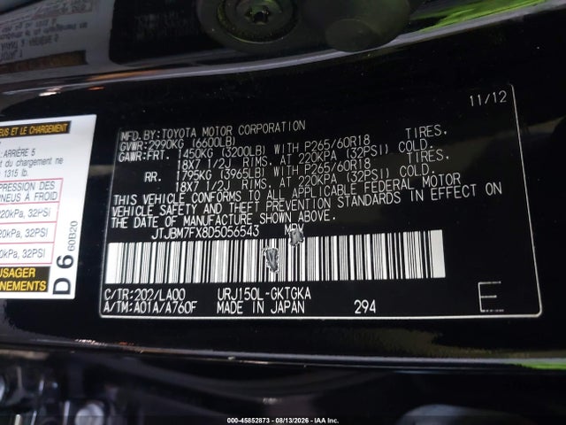 Aukcja sprzedaży 2013 Lexus Gx 460, vin: JTJBM7FX8D5056543, numer aukcji: 45852873