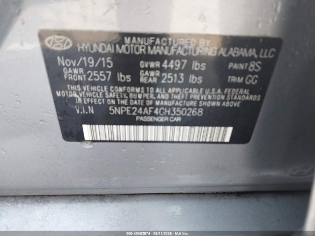 2016 Hyundai Sonata Se მანქანა იყიდება აუქციონზე, vin: 5NPE24AF4GH350268, აუქციონის ნომერი: 45852874