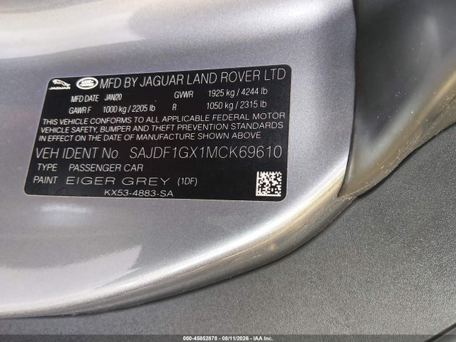 45852878 :رقم المزاد ، SAJDF1GX1MCK69610 vin ، 2021 Jaguar F-type First Edition P300 Rwd Automatic مزاد بيع