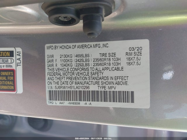 Aukcja sprzedaży 2020 Honda Cr-v 2wd Ex, vin: 5J6RW1H51LA010296, numer aukcji: 45852884
