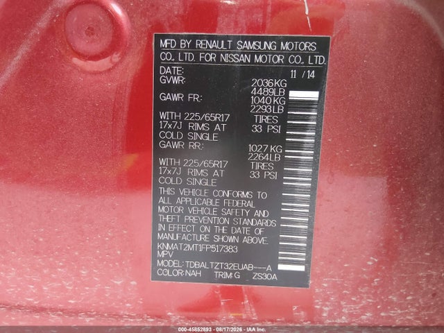 45852893 :رقم المزاد ، KNMAT2MT1FP517383 vin ، 2015 Nissan Rogue Sv مزاد بيع