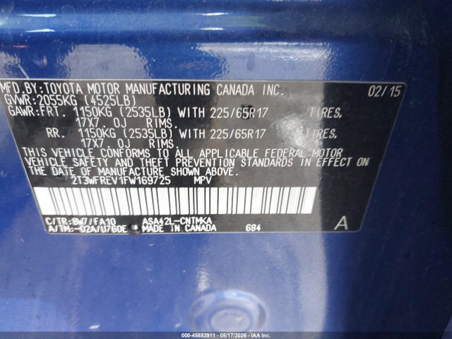 45852911 :رقم المزاد ، 2T3WFREV1FW169725 vin ، 2015 Toyota Rav4 Xle مزاد بيع