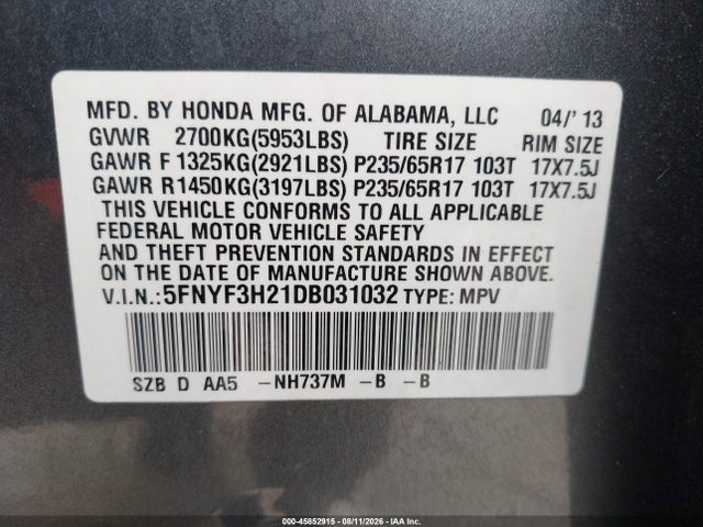 2013 Honda Pilot Lx მანქანა იყიდება აუქციონზე, vin: 5FNYF3H21DB031032, აუქციონის ნომერი: 45852915