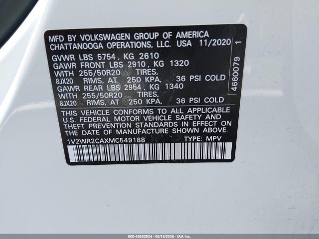 Aukcja sprzedaży 2021 Volkswagen Atlas 3.6l V6 Se W/technology, vin: 1V2WR2CAXMC549188, numer aukcji: 45852924