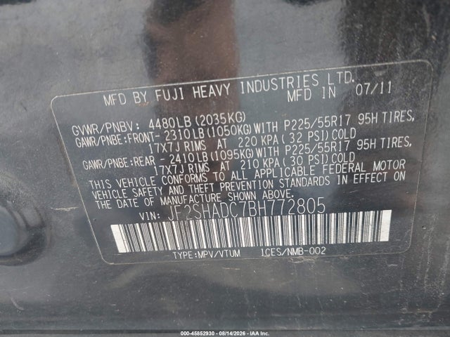 Aukcja sprzedaży 2011 Subaru Forester 2.5x Premium, vin: JF2SHADC7BH772805, numer aukcji: 45852930