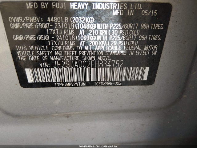 Продаж на аукціоні авто 2015 Subaru Forester 2.5i Premium, vin: JF2SJADC2FH834752, номер лоту: 45852942