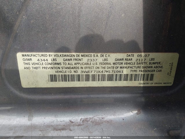 Продаж на аукціоні авто 2007 Volkswagen Jetta Wolfsburg Edition, vin: 3VWEF71K47M171061, номер лоту: 45852950