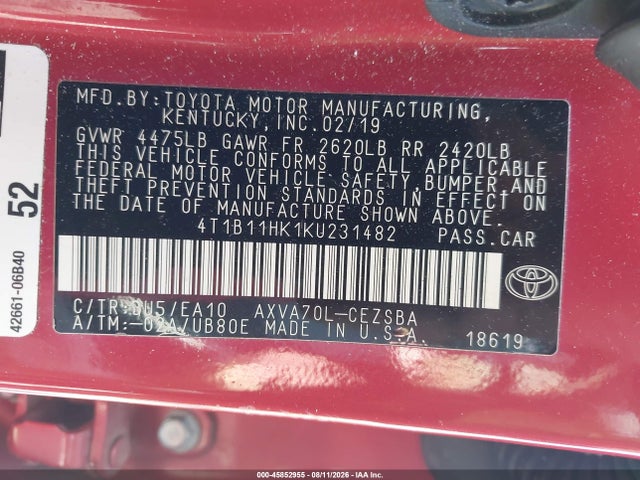 4T1B11HK1KU231482 Toyota CAMRY SE