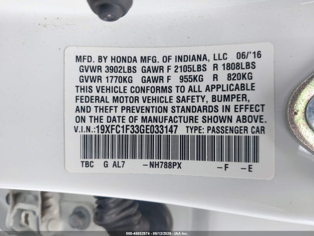 2016 Honda Civic Ex-t მანქანა იყიდება აუქციონზე, vin: 19XFC1F33GE033147, აუქციონის ნომერი: 45852974