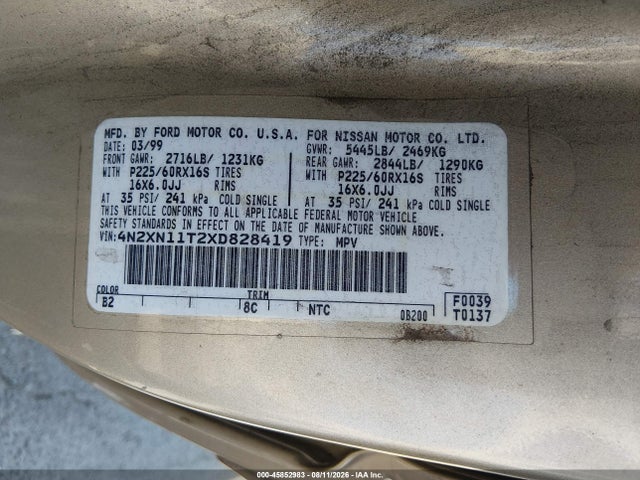 1999 Nissan Quest Gle/gxe/se მანქანა იყიდება აუქციონზე, vin: 4N2XN11T2XD828419, აუქციონის ნომერი: 45852983
