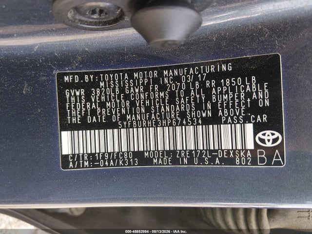 45852994 :رقم المزاد ، 5YFBURHE3HP674534 vin ، 2017 Toyota Corolla Se مزاد بيع