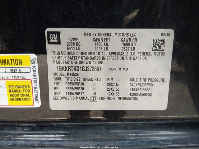 Aukcja sprzedaży 2016 Gmc Acadia Denali, vin: 1GKKRTKD1GJ273697, numer aukcji: 45852998