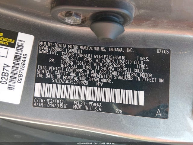 2005 Toyota Sienna Le მანქანა იყიდება აუქციონზე, vin: 5TDZA23CX5S363920, აუქციონის ნომერი: 45852999