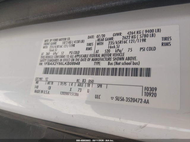 Ford Transit-350 Passenger Van Xl 2020 1FBAX2Y86LKB08948 Image 9